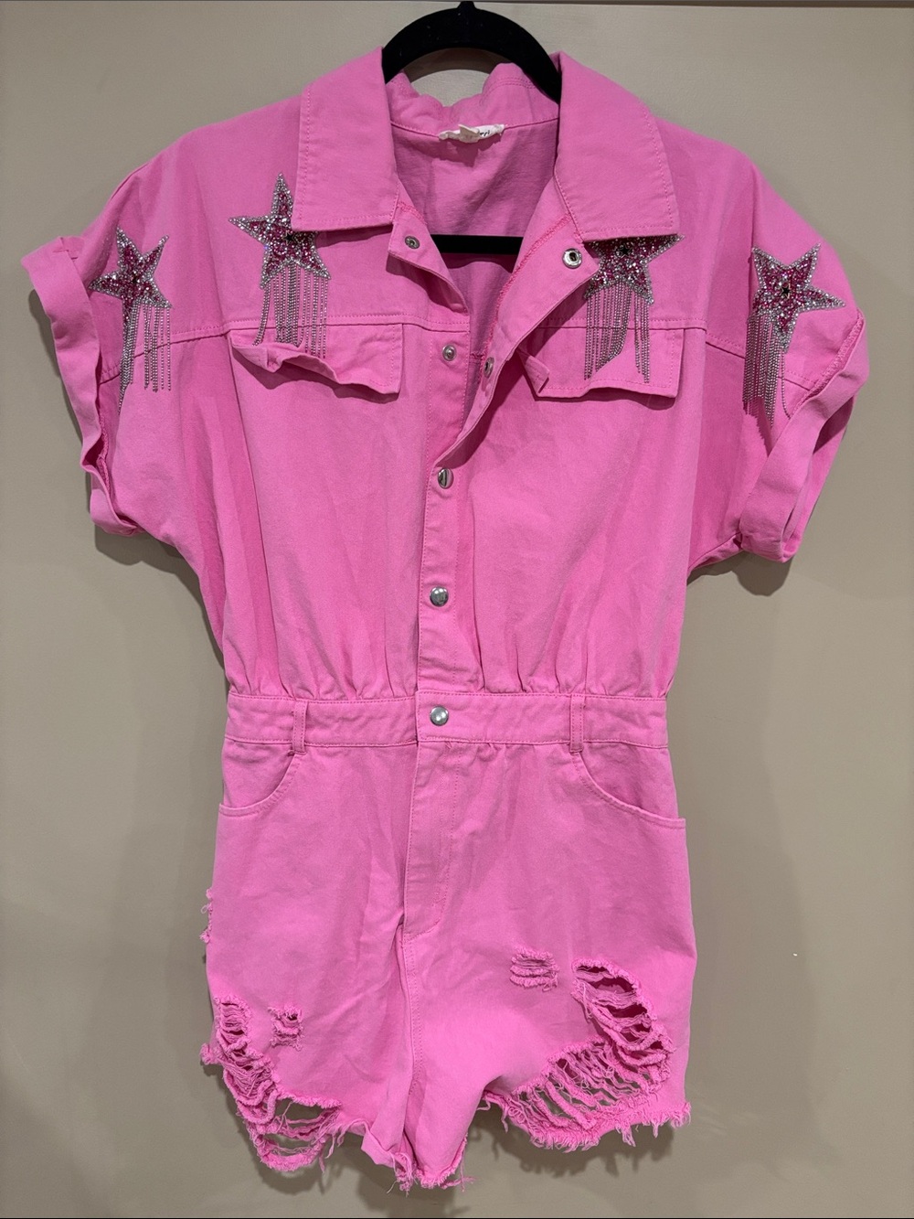 Pink denim western star fringe romper